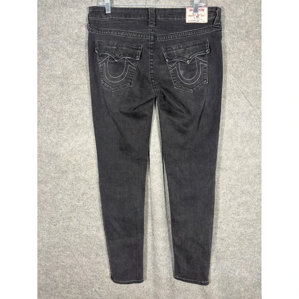 True Religion Mens Super Skinny Moto Jeans Faded Black Ribbed Knee